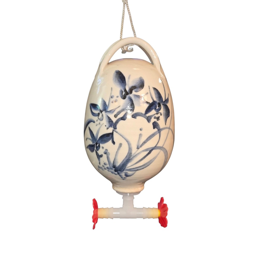 Handmade Hummingbird Feeder Blue Cream Floral Pottery Hanging Decor 8"X4"X4"